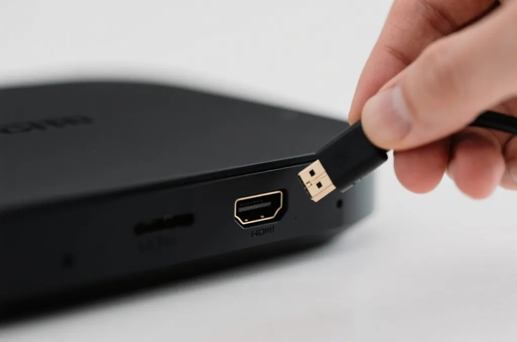 Close-up shot of a hand connecting a high-quality HDMI cable to a generic streaming device port