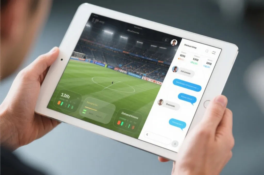 Close up of hands holding a tablet showing a generic sports event with interface elements like statistics overlays and user chat bubbles on the side, clean modern aesthetic
